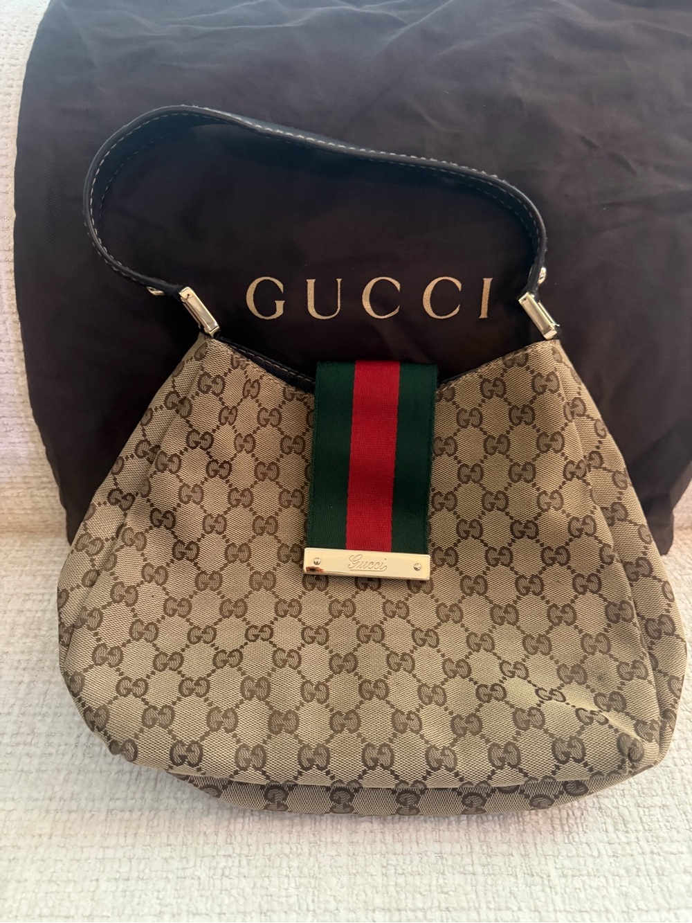 Gucci Brown GG Canvas Shoulder Bag with Green & Red Web